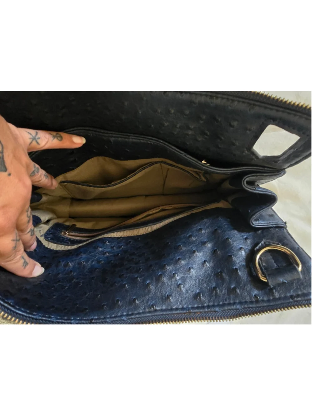 Genuine Leather Ostrich Embossed Birkin Style Top Handle Satchel Black-Navy Gold